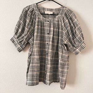 The Great. The Carriage Sleeve Button Up Patchwork Plaid Linen Blend Top 0 US XS